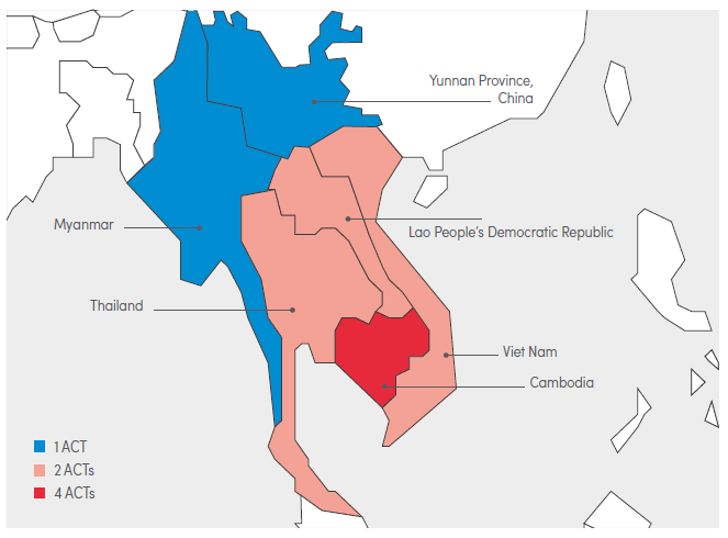 A map of Southeast Asia showing the distribution of ACTs (Artemisinin-based Combination Therapies) across different regions. The map uses three color categories: blue for 1 ACT, light pink/salmon for 2 ACTs, and dark red for 4 ACTs. Thailand is shown in blue, indicating 1 ACT. Most of Lao People's Democratic Republic and parts of Cambodia are colored in light pink, representing 2 ACTs. A central region appears in dark red, indicating 4 ACTs. The map includes labels for surrounding countries including Myanmar, Yunnan Province China, Viet Nam, and Cambodia. A legend in the bottom left explains the color coding for 1 ACT (blue), 2 ACTs (light pink), and 4 ACTs (dark red).