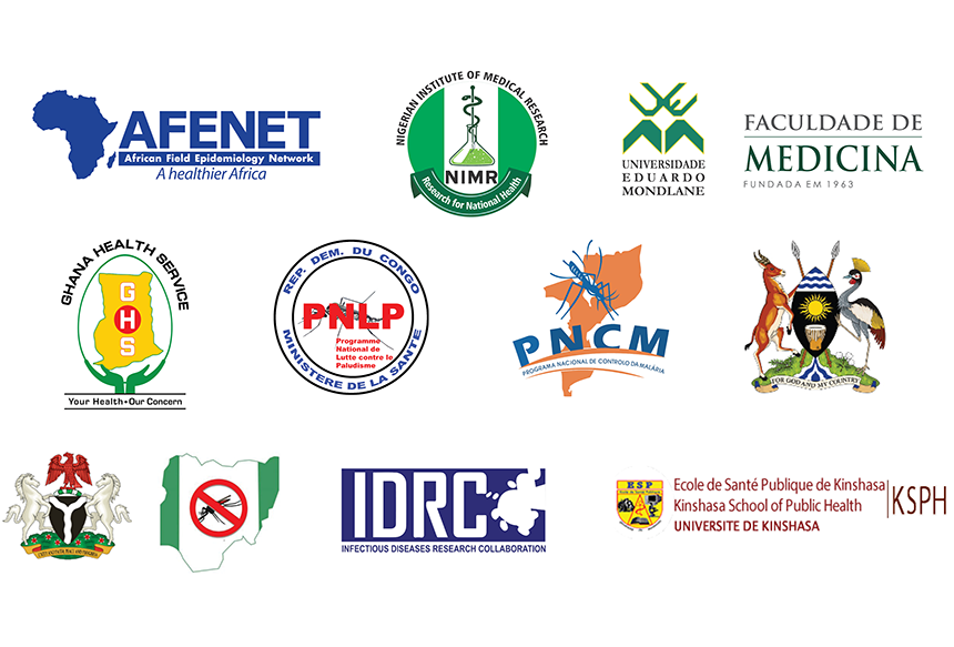Logos of partners: Ghana Health Service, Infectious Disease Research Collaboration, Kinshasa School of Public Health, Nigerian Institute of Medical Research, Universidade Eduardo Mondlane, Democratic Republic of Congo’s Program National de Lutte Contre la Paludisme, Ghana’s African Field Epidemiology Network, Nigeria’s National Malaria Elimination Programme, Mozambique’s Programa Nacional de Controlo da Malaria, and Uganda’s National Malaria Elimination Division.