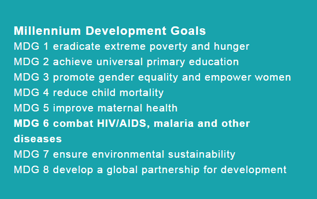 Millennium Development Goals. MDG 1 eradicate extreme poverty and hunger. MDG 2 achieve universal primary education. MDG 3 promote gender equality and empower women. MDG 4 reduce child mortality. MDG 5 improve maternal health. MDG 6 combat HIVIAIDS, malaria and other diseases. MDG 7 ensure environmental sustainability. MDG 8 develop a global partnership for development.