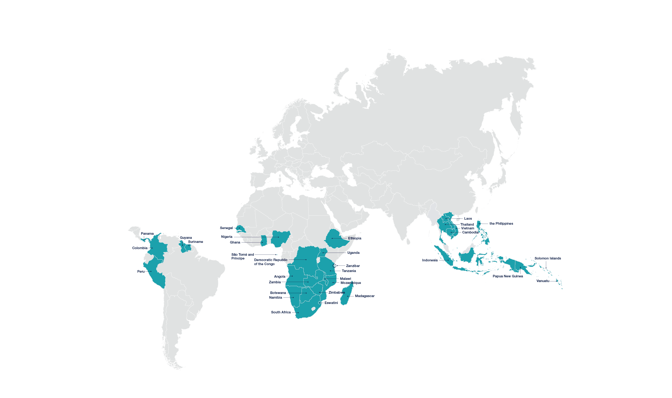 A map with highlighted countries showing where MEI works. The 30 countries highlighted are: Angola, Botswana, Cambodia, Colombia, Democratic Republic of the Congo, Eswatini, Ethiopia, Ghana, Guyana, Indonesia, Laos, Madagascar, Mozambique, Namibia, Nigeria, Panama, Papua New Guinea, Peru, Philippines, Senegal, Solomon Islands, South Africa, Suriname, Tanzania, Thailand, Uganda, Vanuatu, Vietnam, Zambia, and Zimbabwe